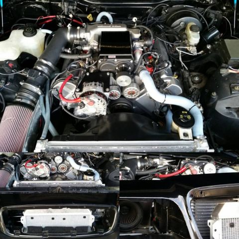 2003 Ford Crown Victoria - photo collage shows the engine bay of a car with a supercharged V8, polished blower, cone air filters and a front-mounted intercooler.