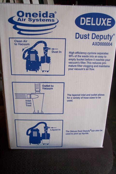 1990 Ford Bronco - Oneida Dust Deputy Deluxe (AXD000004) box panel showing clean-air-to-vacuum and inlet-from-tool flow; high-efficiency cyclone separates 99%…
