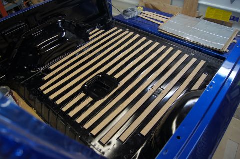 1979 Ford Bronco - Cut strips of mdf to fill in the ridges in the bed. Similar to the factory strips but we cut them to fit much closer.