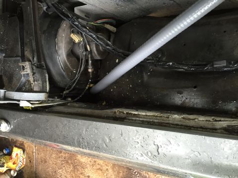 1981 Ford LTD - Conduit coming out in engine compartment. Came up through a factory hole.