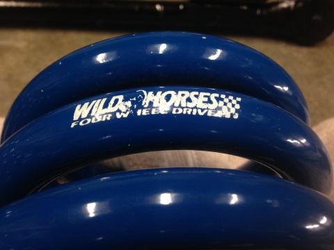 1979 Ford Bronco - Close-up of blue coil springs "Wild Horses Four Wheel Drive" branding.