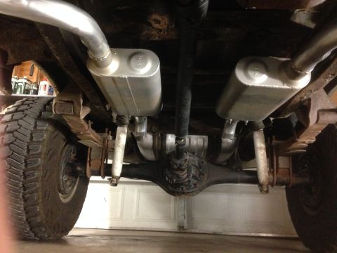 1979 Ford Bronco - This view of the undercarriage reveals the dual exhaust system and leaf spring suspension of a 1979 Ford Bronco.