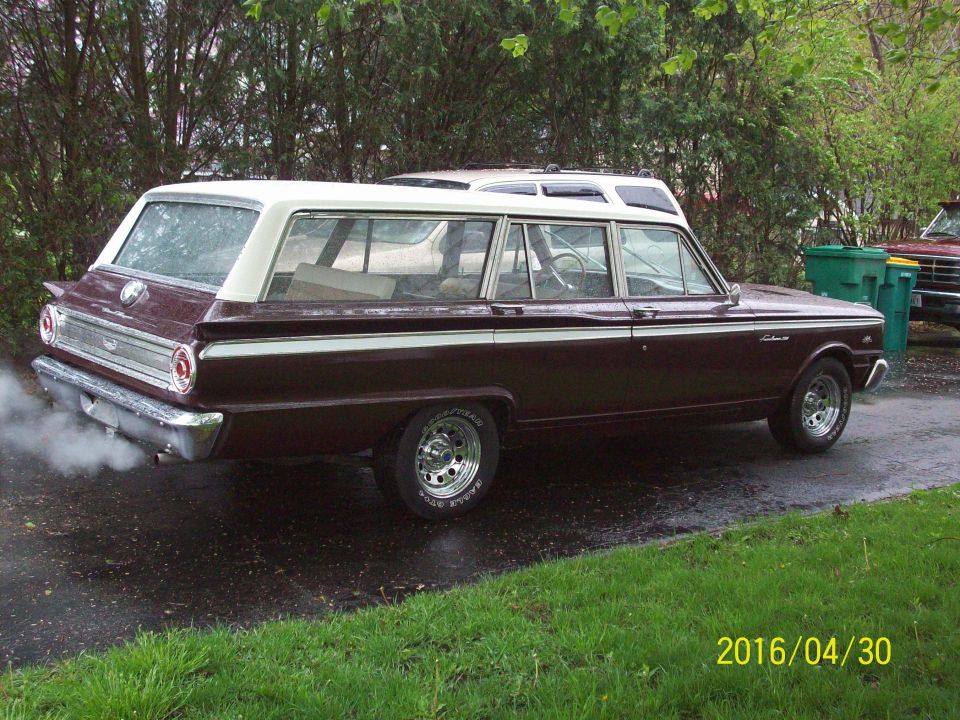 Brown 1964 station wagon, side view, with white roof and chrome trim