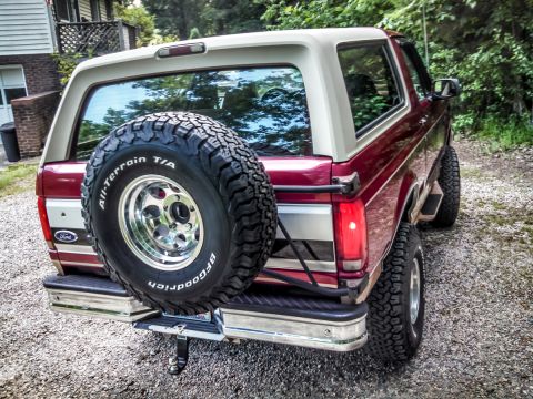 1995 Ford Bronco - Rear view of a two-tone 1995 Ford Bronco with a spare tire on the tailgate.
