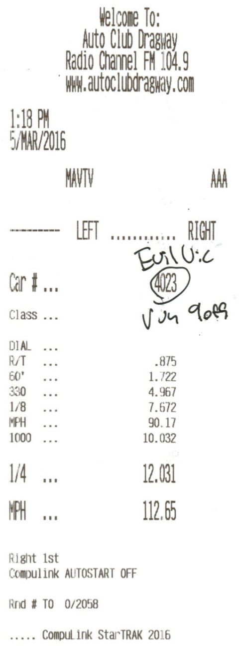 2003 Ford Crown Victoria - Drag racing timeslip receipt listing reaction time, 60-foot, ET and MPH; not a classifiable technical document.