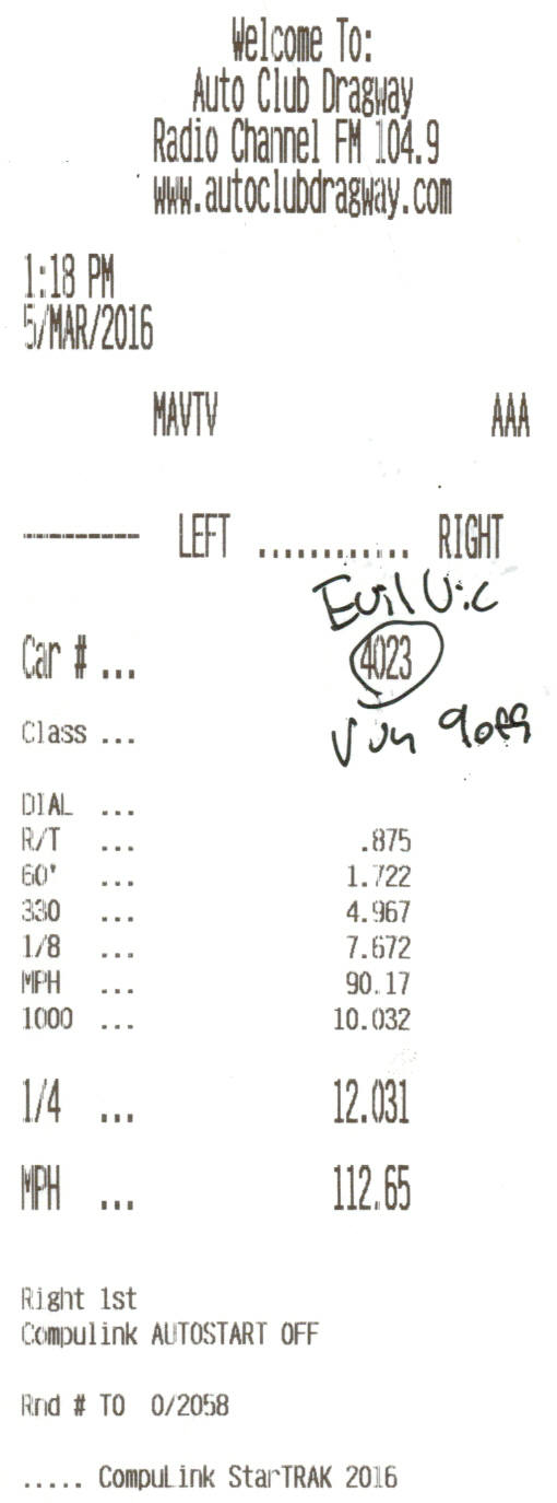 Auto Club Dragway printed drag race timeslip with ET and MPH figures