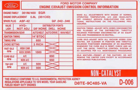 1978 Ford Bronco - This document details engine exhaust emission control information for a 1978 model year gasoline-fueled heavy duty engine.