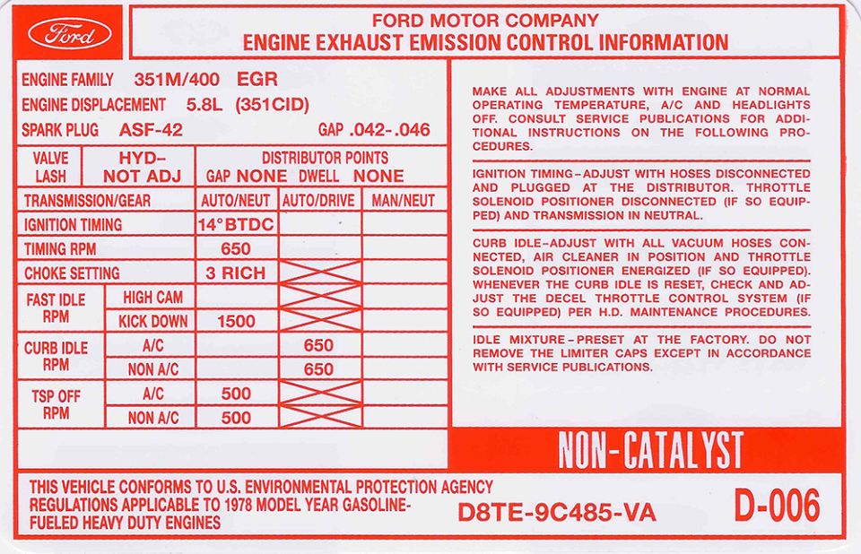 Ford emission control label for 351M/400 EGR 5.8L (351CID) engine with timing, idle and TSP off specs