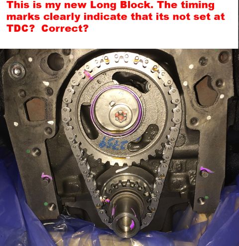 1978 Ford Bronco - Close-up of engine timing components, with purple markings indicating timing marks on the gears and chain.
