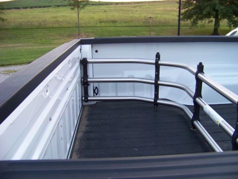 2011 Ford F-250 - The interior of a truck bed is shown with metal cargo bars. A distant landscape is visible beyond the truck.