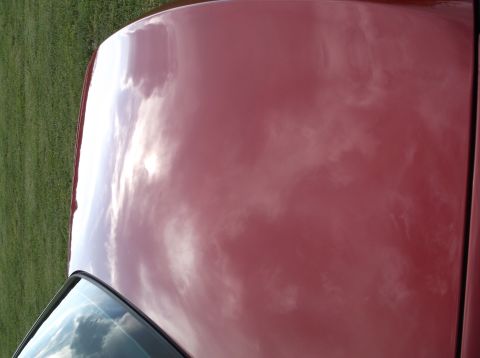1999 Mercury Grand Marquis - A red car's hood reflects the sky, with a portion of the windshield and grass visible.