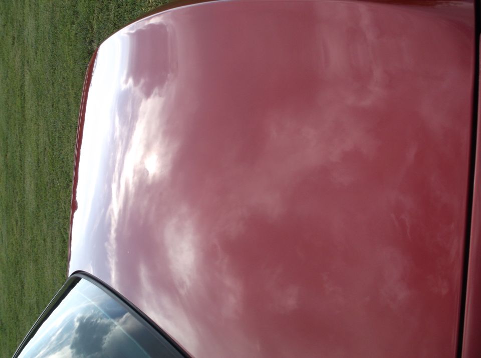Red car hood reflecting clouds, with a partial view of the windshield and green grass. Watermark "SUPERMOTORS www.supermotors.net" visible