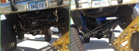 1979 Ford Bronco - Comparison of rear suspension components on a 1979 Ford Bronco, showing custom shocks.