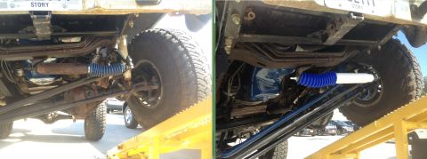 1979 Ford Bronco - Comparison of the undercarriage of a 1979 Ford Bronco against another vehicle, highlighting suspension differences.