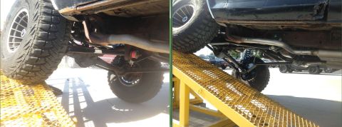 1979 Ford Bronco - Comparison of vehicle undercarriages, showing suspension and exhaust systems on modified trucks.