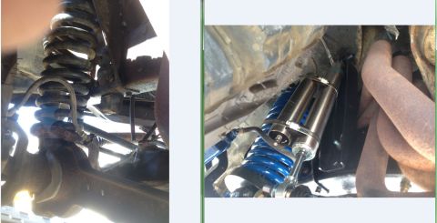 1979 Ford Bronco - Close-up of a vehicle's suspension system, showing a blue coilover shock and exhaust manifold.