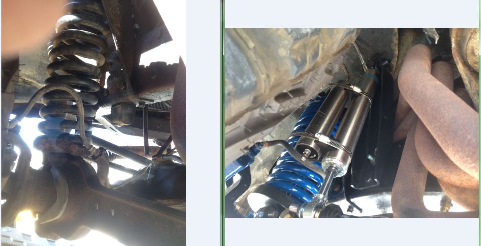 Undercarriage view of a vehicle's suspension with a blue coilover shock absorber and exhaust pipes