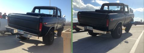1979 Ford Bronco - Rear view of a black 1979 Ford F-Series pickup truck with a chrome bumper and aftermarket fuel tank.