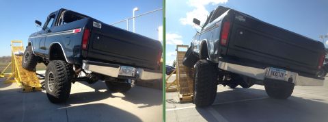 1979 Ford Bronco - This lifted pickup truck is shown from the rear, partially on a ramp.