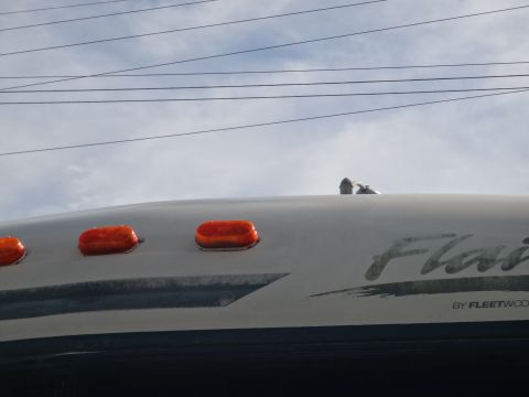 1995 Chevrolet P30 1 Ton - Step Van - Close-up of the roofline of an RV, showing amber marker lights and the Fleetwood Flair branding.