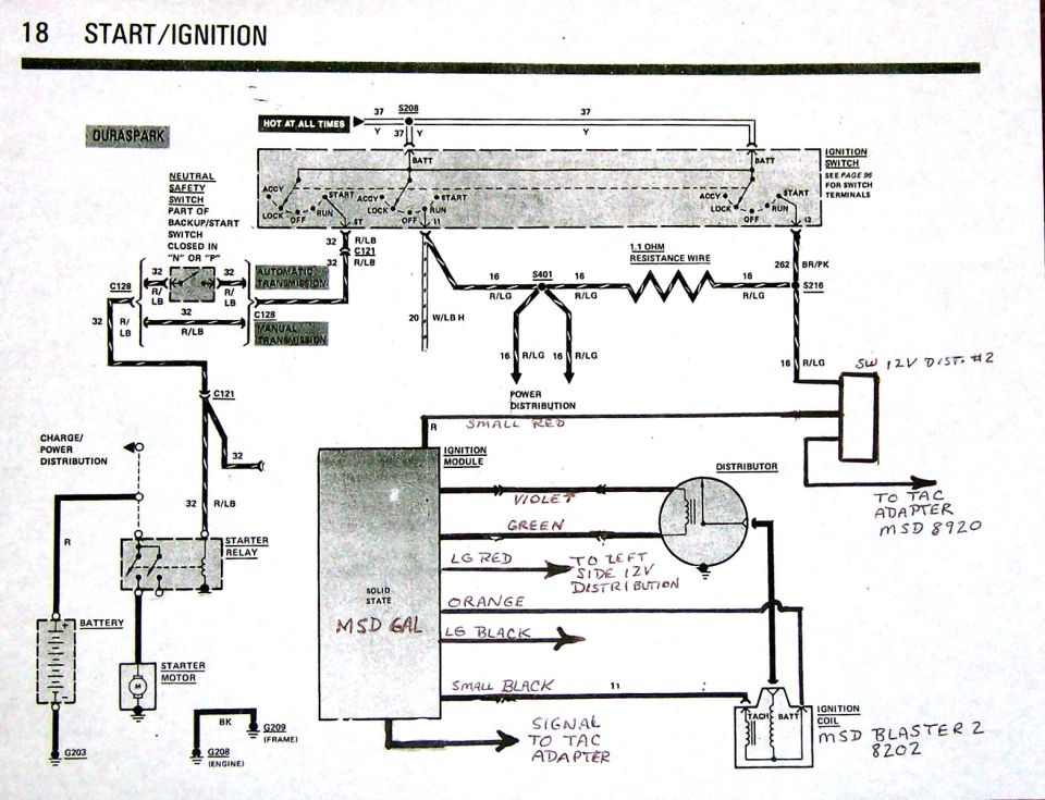 Modified wiring for a MSD ignition system.  The 12V Distribution Block on the right side is an addition I made to cut down on wires running all over the engine compartment for everything that requires a hot 12V whenever the ignition key is in Run or Acc.  There is one for the left side of the compartment as well as one for the right side.  Also there are Grounding blocks through out the truck to supply improved grounding system for various functions rather than depend on the body for grounding.