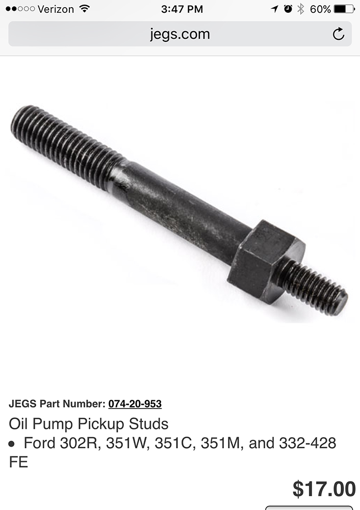 JEGS oil pump pickup stud, part number 074-20-953, for Ford FE engines