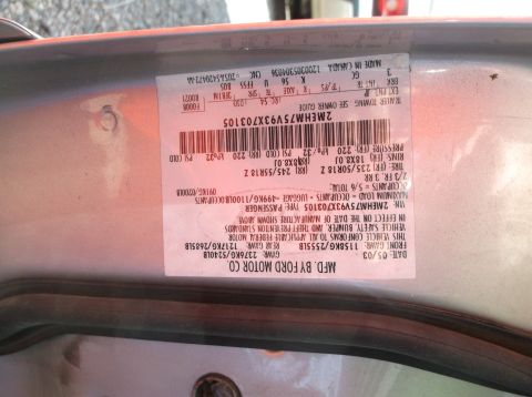 1999 Mercury Grand Marquis - This sticker shows the vehicle's VIN, manufacturing date, and tire information.