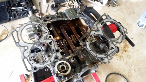 2007 Subaru Impreza - Engine block disassembled, revealing internal components and removed cylinder head gaskets.