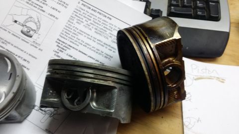 2007 Subaru Impreza - Engine pistons and a technical manual page detailing piston and piston pin inspection.