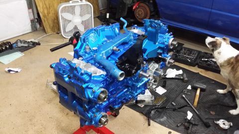 2007 Subaru Impreza - A freshly painted blue engine sits on a stand, surrounded by tools and a curious dog in a garage setting.