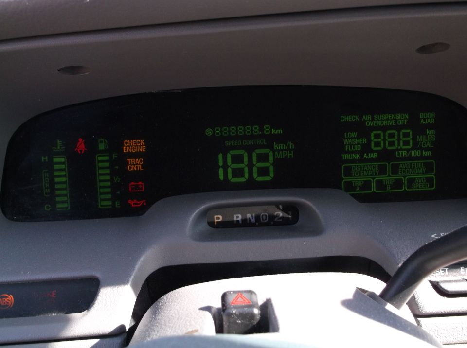 2001 Mercury Grand Marquis dashboard with digital speedometer showing 188 km/h and other gauges