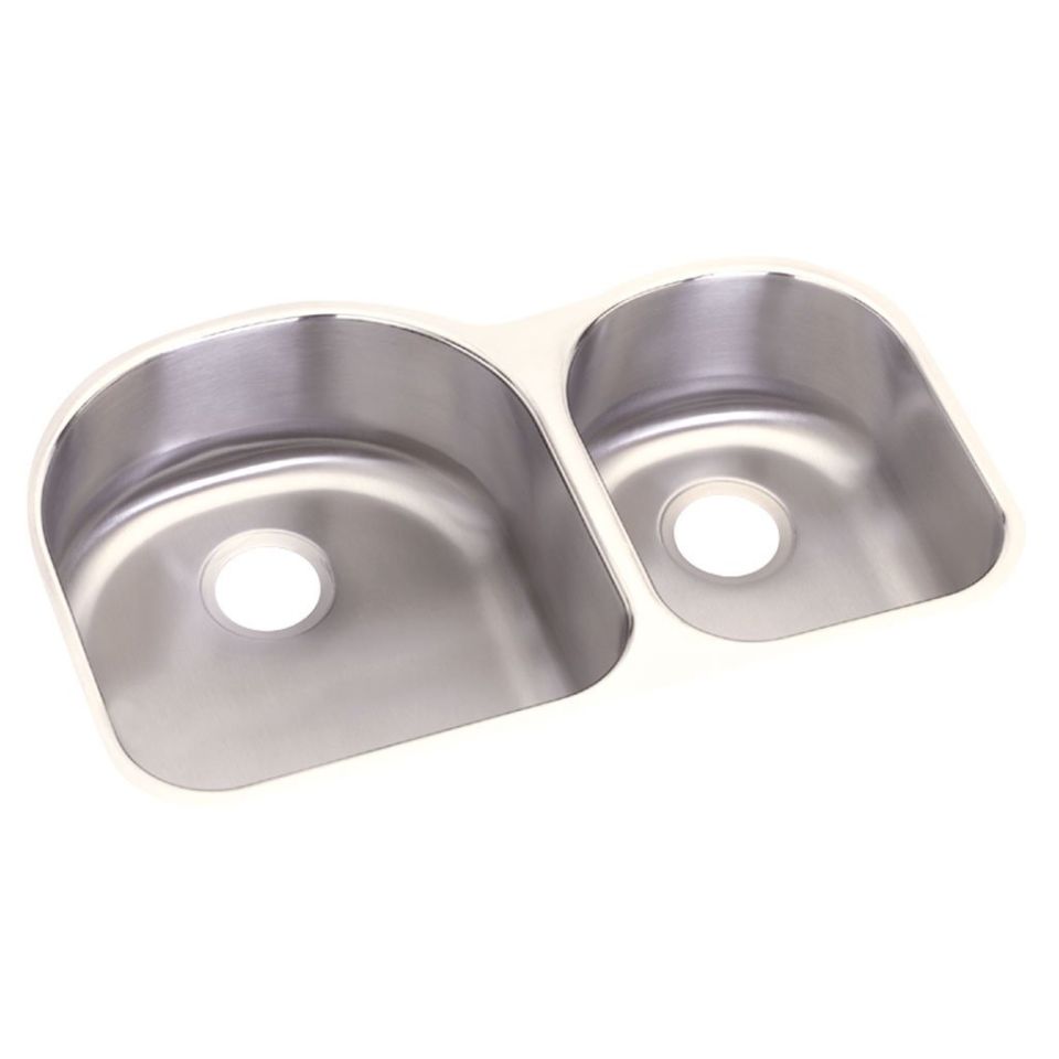 Stainless steel double-bowl undermount kitchen sink on white background