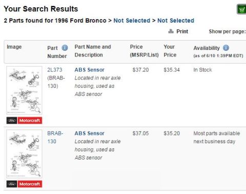 1996 Ford Bronco - Web screenshot of parts catalog search results listing ABS sensors with prices, not a standalone diagram.