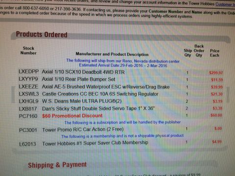 1989 Ford Bronco - This document shows an order confirmation for various RC car parts and subscriptions.