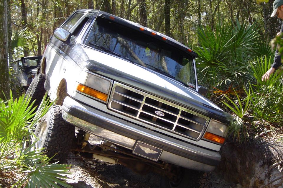 Silver Ford Bronco flexed off-camber on a palmetto-lined trail, front wheel in a rut