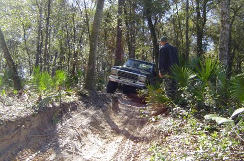 1993 Ford Bronco - Ford Bronco tackling a challenging off-road trail through a dense forest.