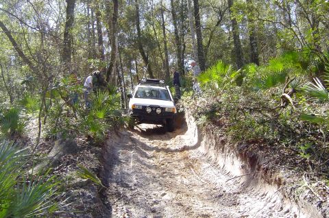 1993 Ford Bronco - White 1993 Ford Bronco navigates a challenging off-road trail through a wooded area.
