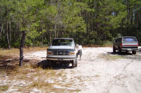 1993 Ford Bronco - Two Ford Broncos are parked in a sandy, wooded area. The front Bronco is a 1992-1996 model.