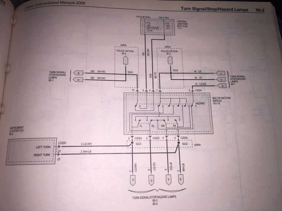 2008 Crown Victoria/Grand Marquis turn signal, stop and hazard lamps wiring diagram, page 90-2