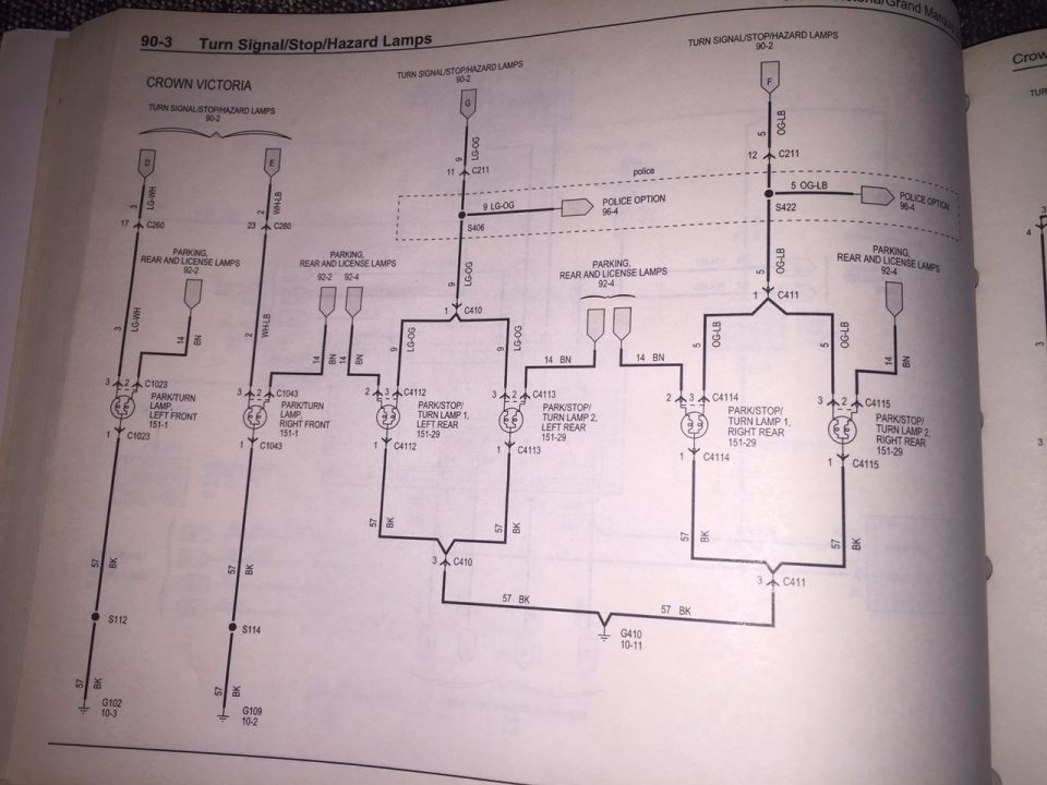 Wiring diagram for Crown Victoria turn signal, stop, and hazard lamps.