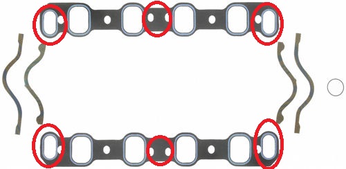 Pair of intake manifold gaskets with ports circled in red