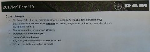 2000 Ford Crown Victoria - This document lists "Other changes" for the 2017MY Ram HD, including engine options, suspension upgrades, and dropped models or features.