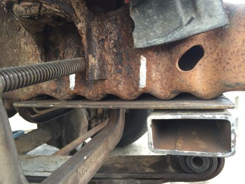 1996 Ford F-150 - I think it was 3x5 angle. Set in against the crumple zone, clamped in, ready to drill the holes all the way through frame and angle, to bol…