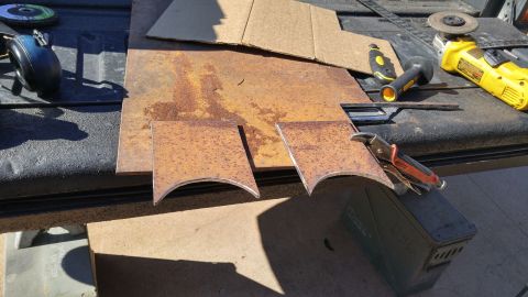 1978 Ford Bronco - Metal fabrication project underway with tools and materials laid out on a truck bed.
