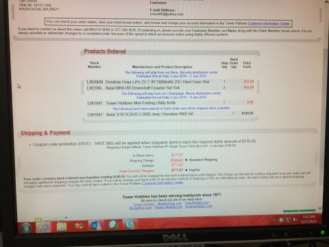 1989 Ford Bronco - This is a screenshot of an online order confirmation for RC car parts, not a 1989 Ford Bronco.