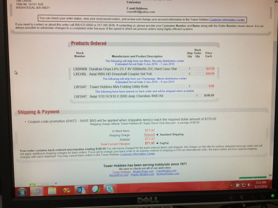computer screen showing an online order for RC car parts
