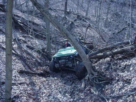 1992 Ford Bronco - An off-road vehicle traverses a challenging, wooded terrain with fallen trees and leaf-covered ground.