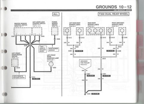 1996 Ford Bronco - Ford ground wiring diagram showing master window/door-lock switches, side marker lamps and trailer grounds with color-coded wires.