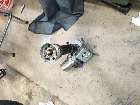 1965 Ford Mustang - Steering column assembly with electric motor and control box, likely for power steering conversion.
