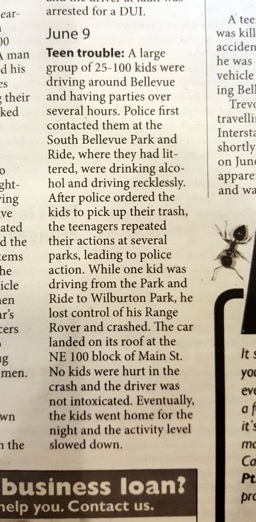 Newspaper clipping detailing a police incident involving teens and a crashed Range Rover